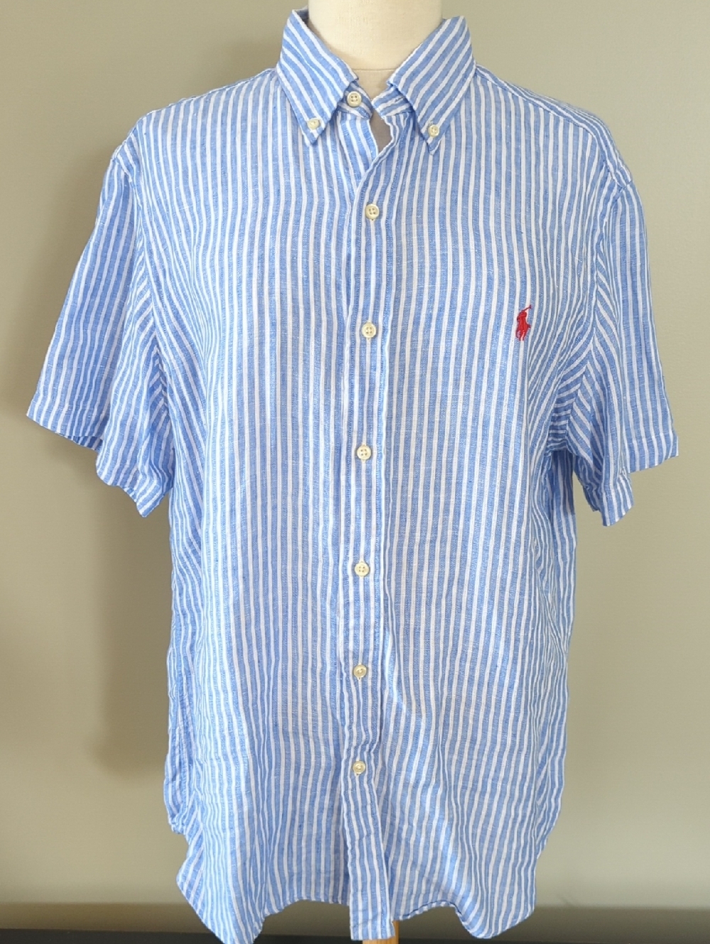 Ralph Lauren Mens Large Blue & White Striped Short-Sleeve Button-Down Shirt